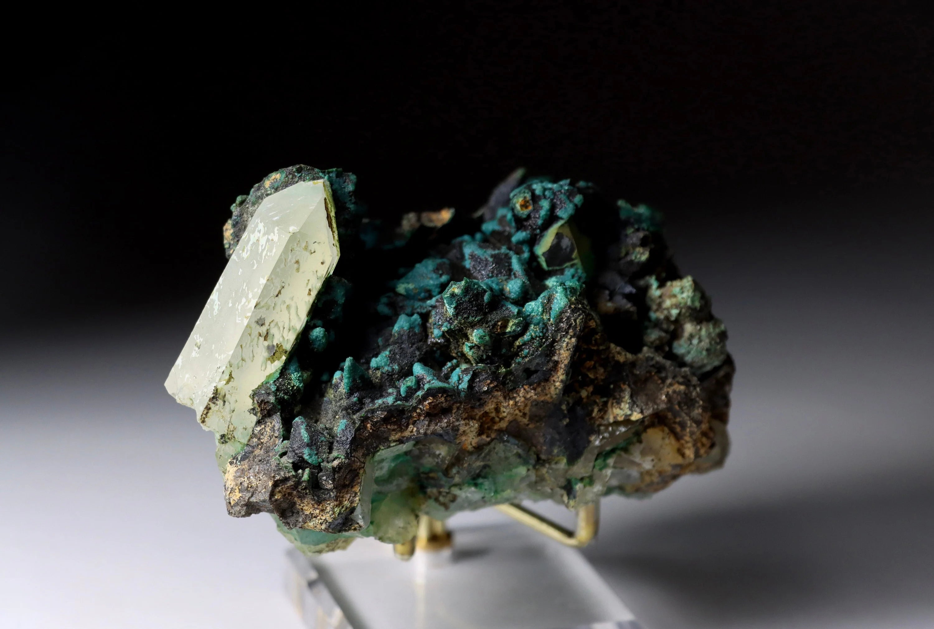 Chrysocolla After Calcite on Quartz with Malachite & Calcite | Rare Mineral Specimen from Tentadora Mine, Peru