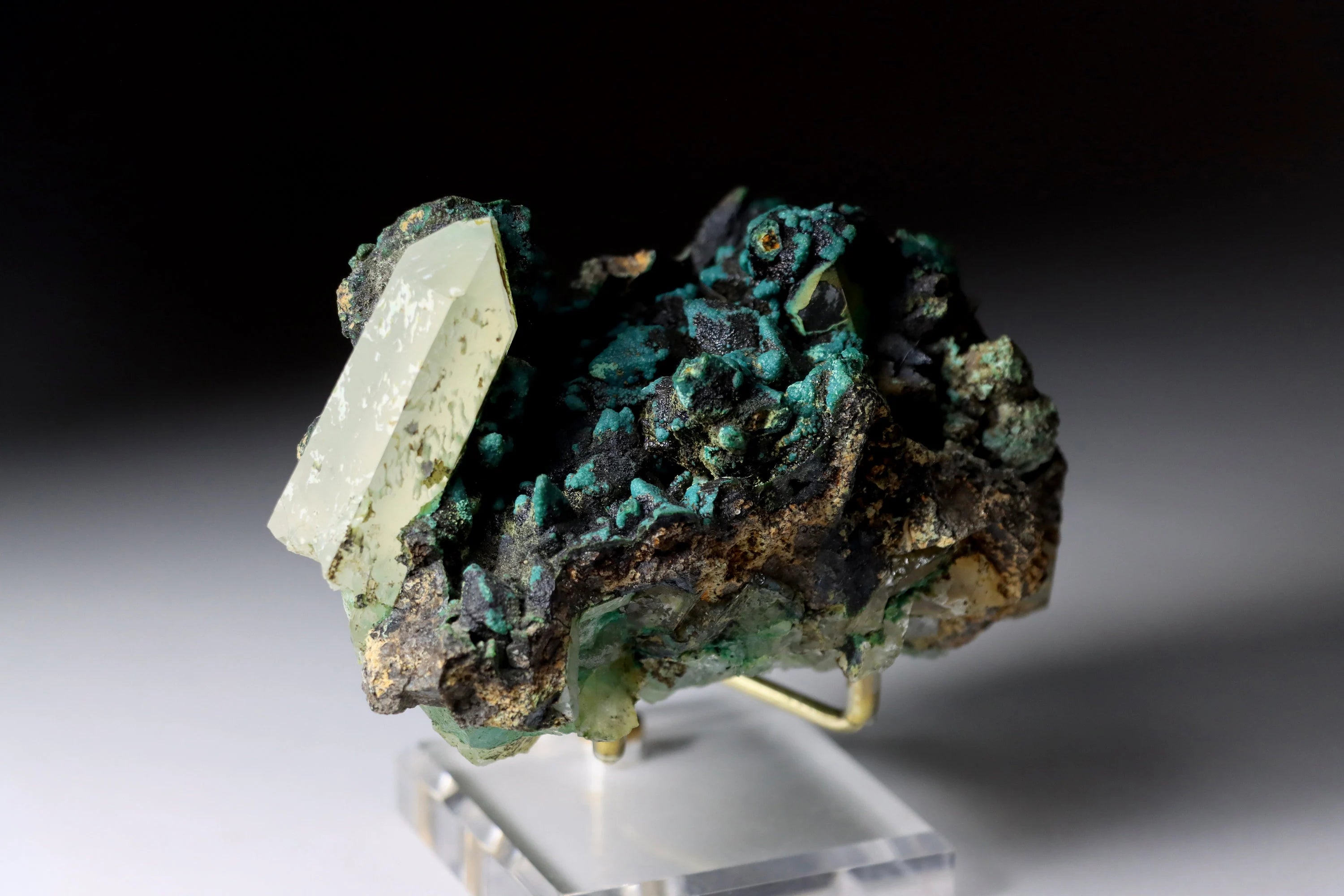 Chrysocolla After Calcite on Quartz with Malachite & Calcite | Rare Mineral Specimen from Tentadora Mine, Peru