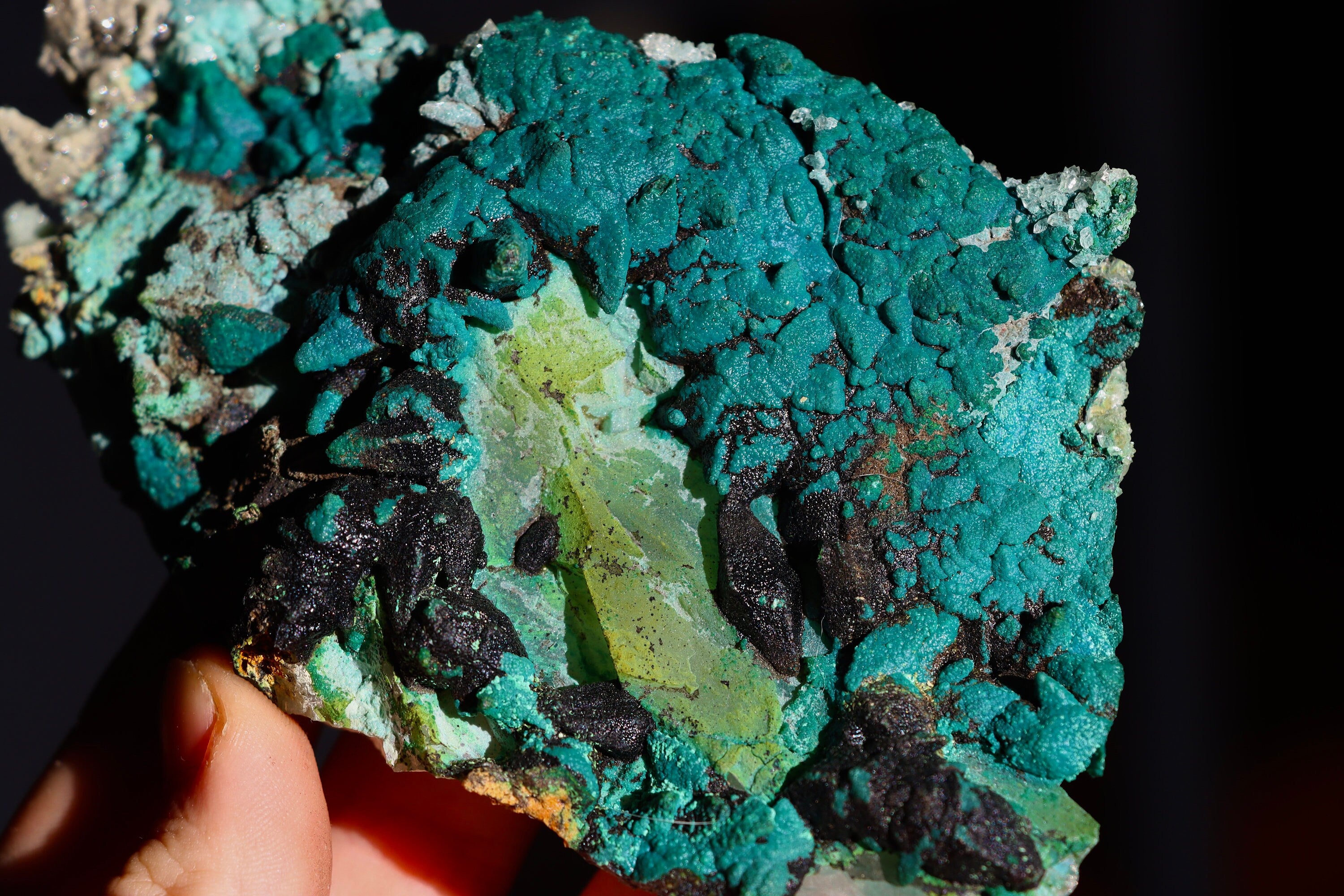 Chrysocolla After Calcite on Quartz with Malachite & Calcite | Rare Copper Mineral Specimen from Tentadora Mine, Peru