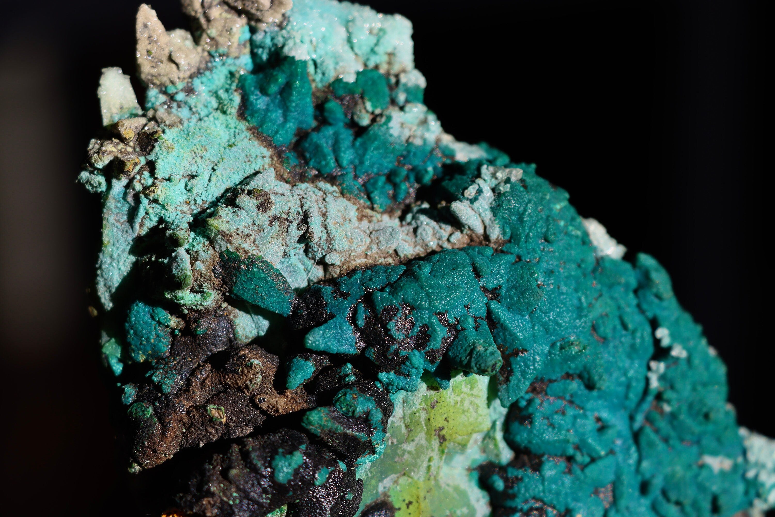 Chrysocolla After Calcite on Quartz with Malachite & Calcite | Rare Copper Mineral Specimen from Tentadora Mine, Peru