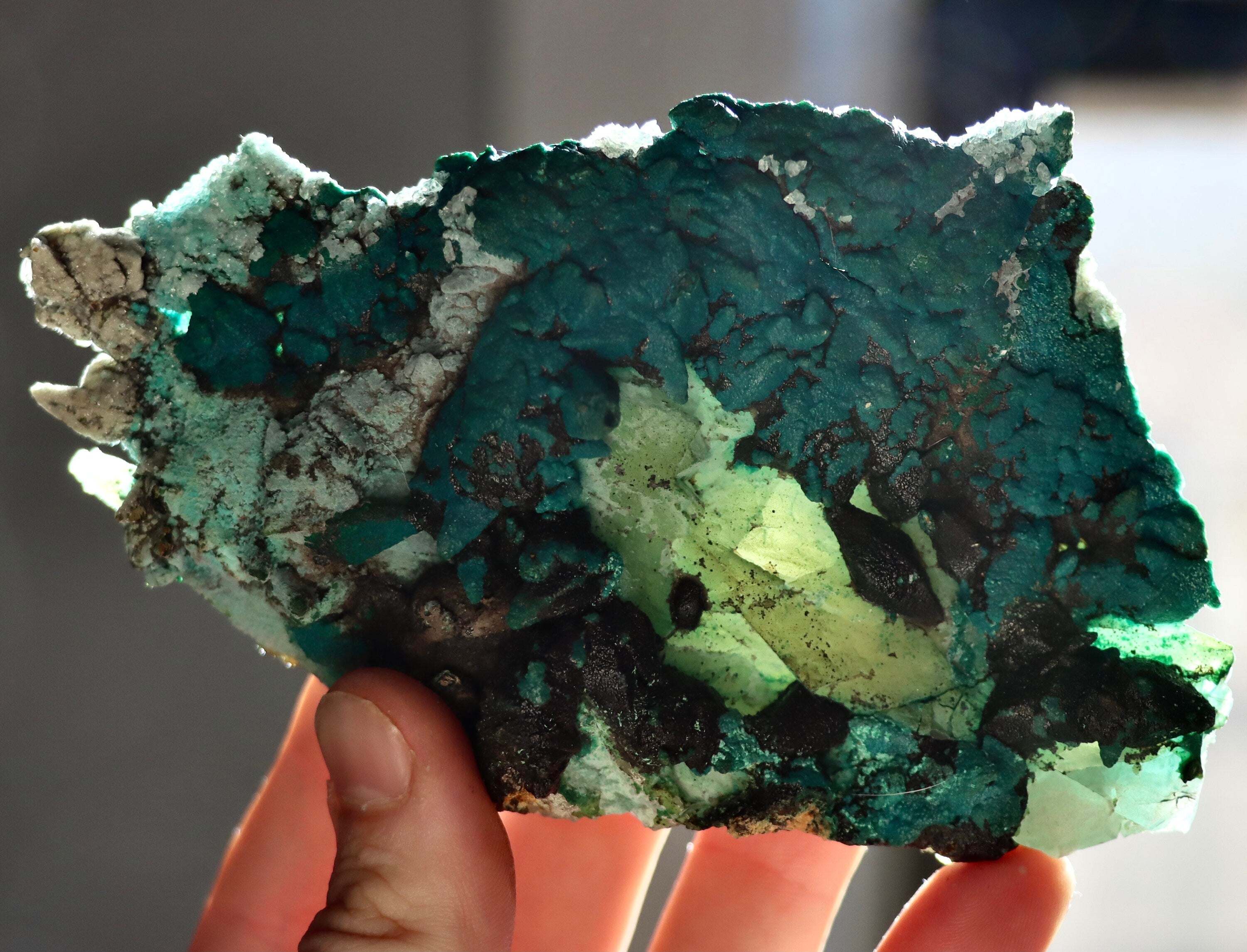 Chrysocolla After Calcite on Quartz with Malachite & Calcite | Rare Copper Mineral Specimen from Tentadora Mine, Peru