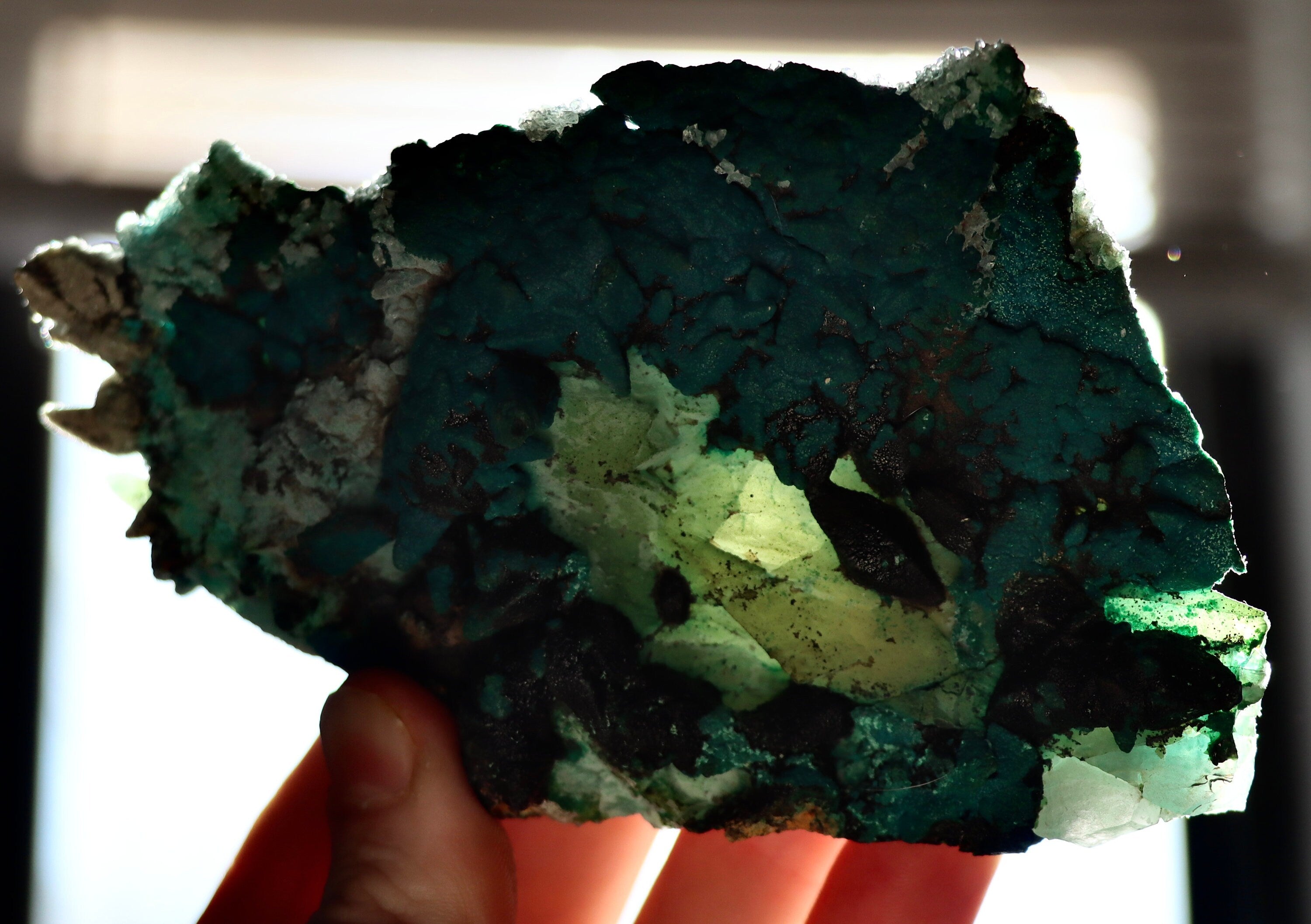 Chrysocolla After Calcite on Quartz with Malachite & Calcite | Rare Copper Mineral Specimen from Tentadora Mine, Peru