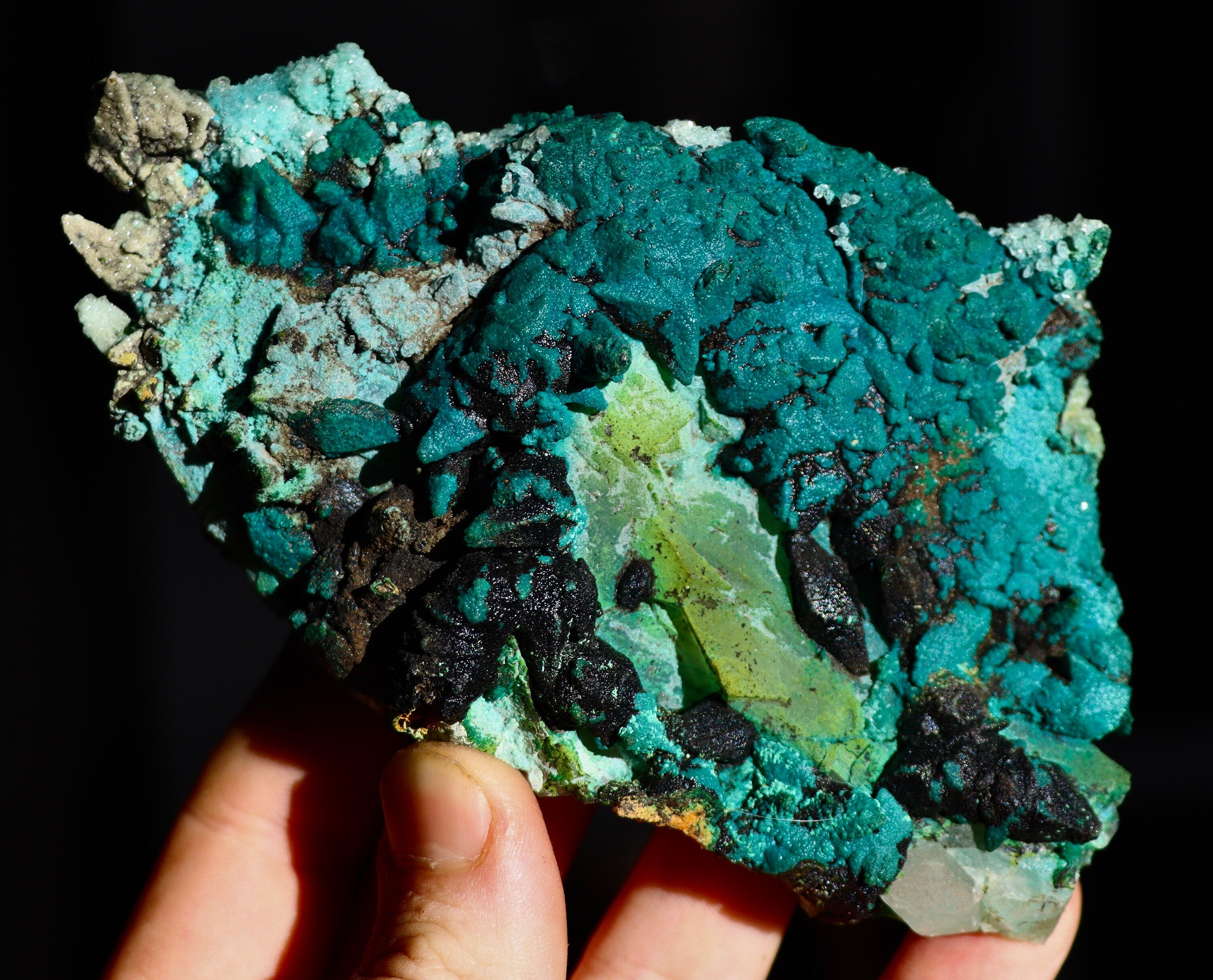 Chrysocolla After Calcite on Quartz with Malachite & Calcite | Rare Copper Mineral Specimen from Tentadora Mine, Peru