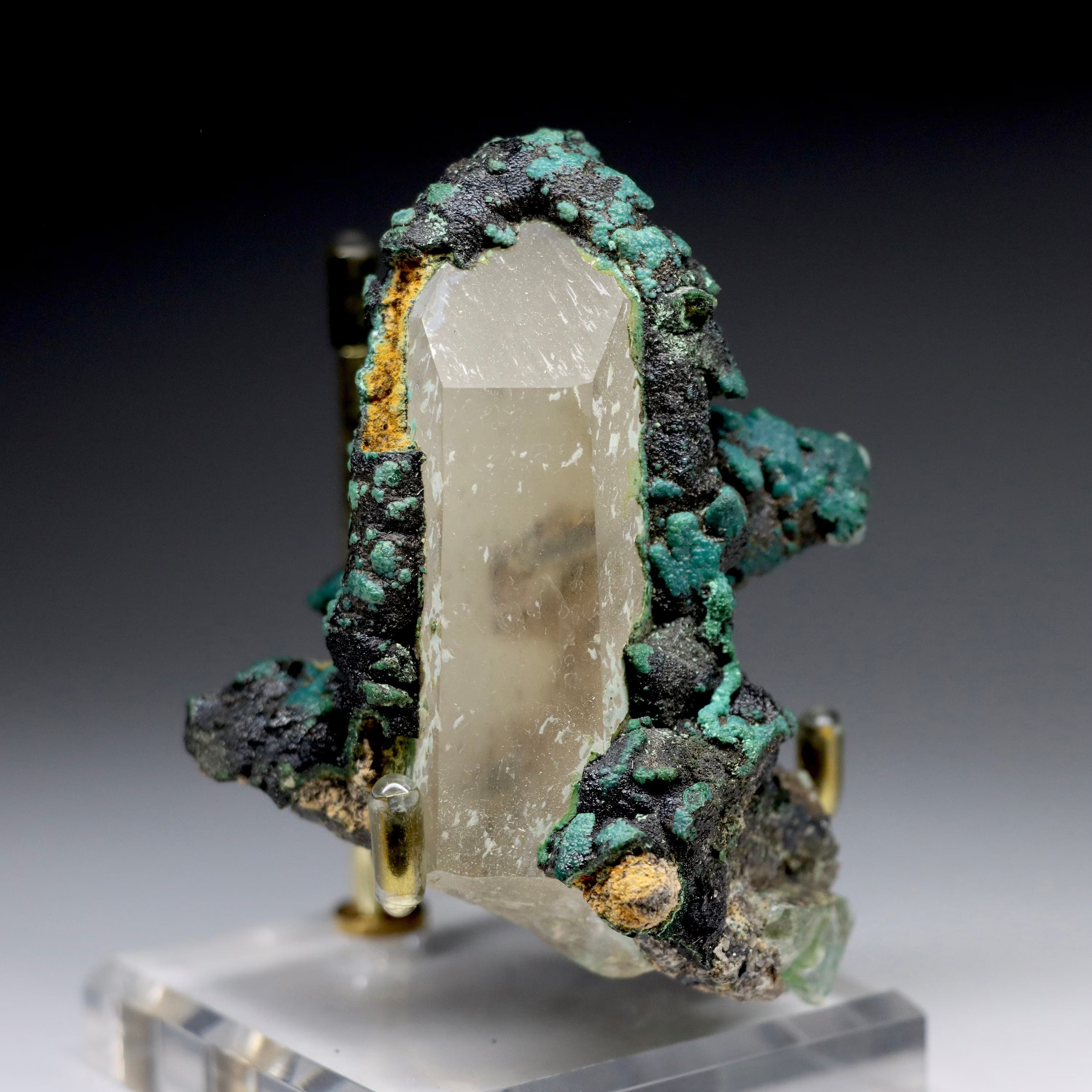 Chrysocolla After Calcite on Quartz with Malachite & Calcite | Natural Mineral Specimen from Tentadora Mine, Peru