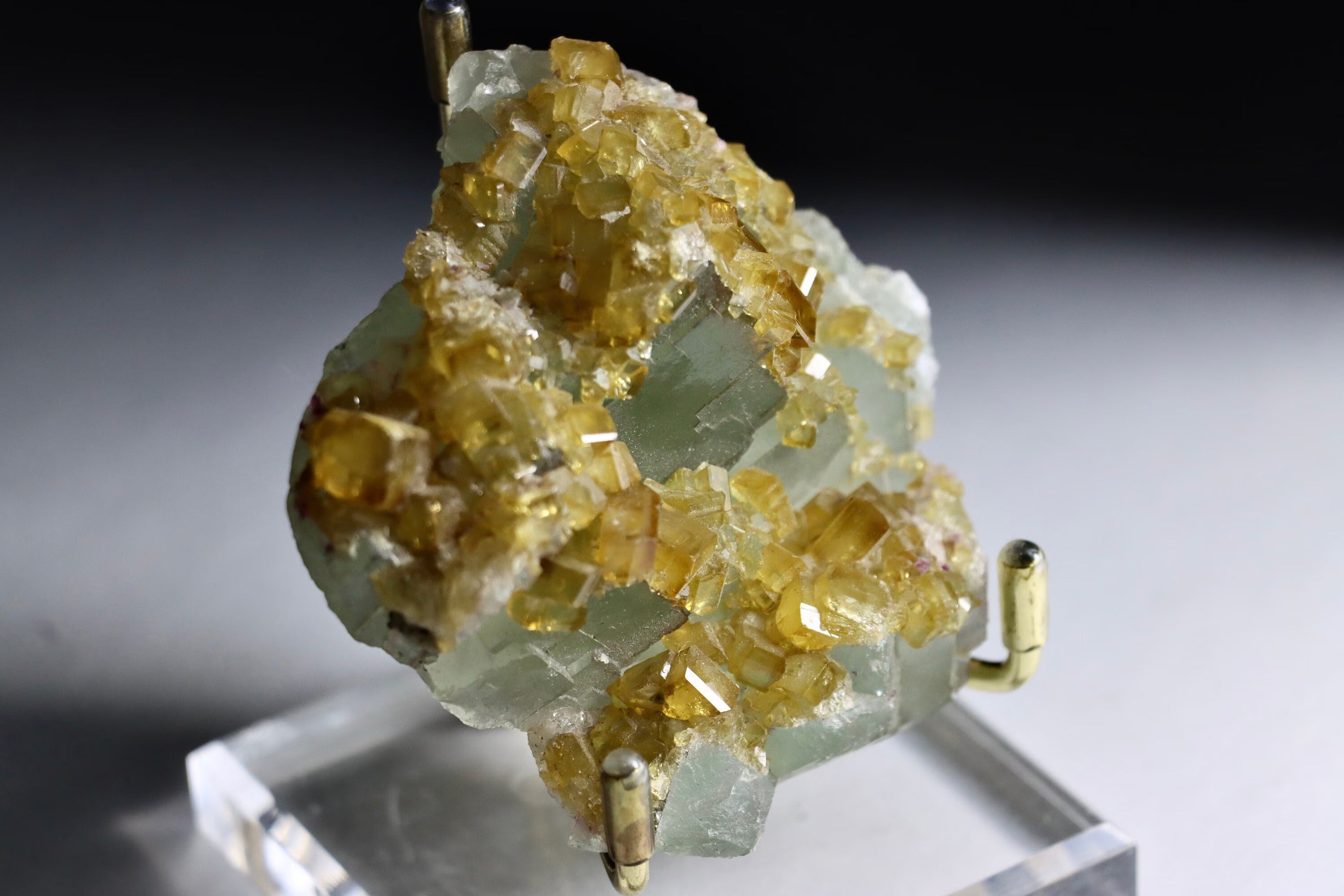 Green Fluorite with Golden Barite | Natural Cubic Fluorite Crystal from Xiefang Mine, Jiangxi, China