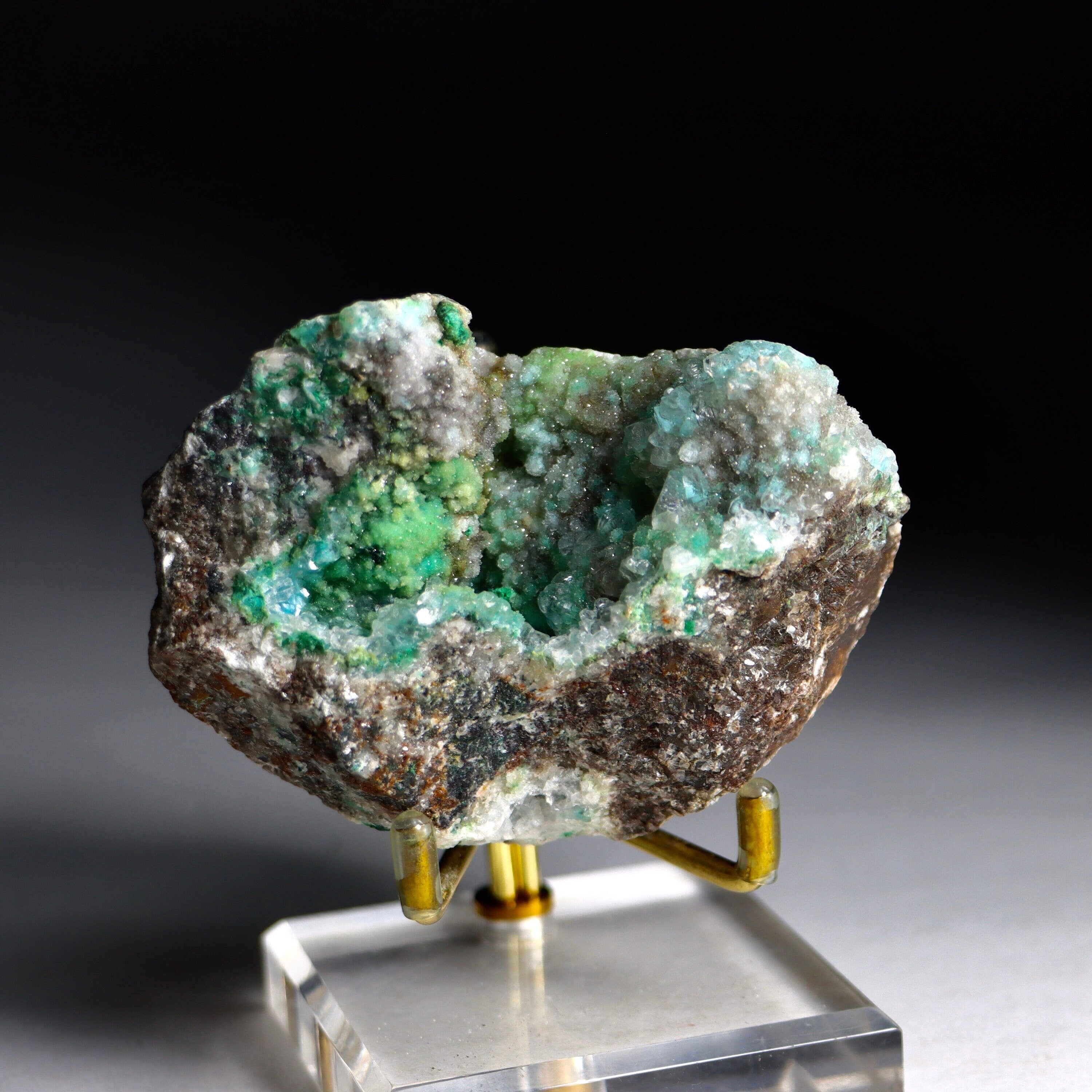 Malachite on Druzy Quartz on Chrysocolla | Fine Mineral Specimen