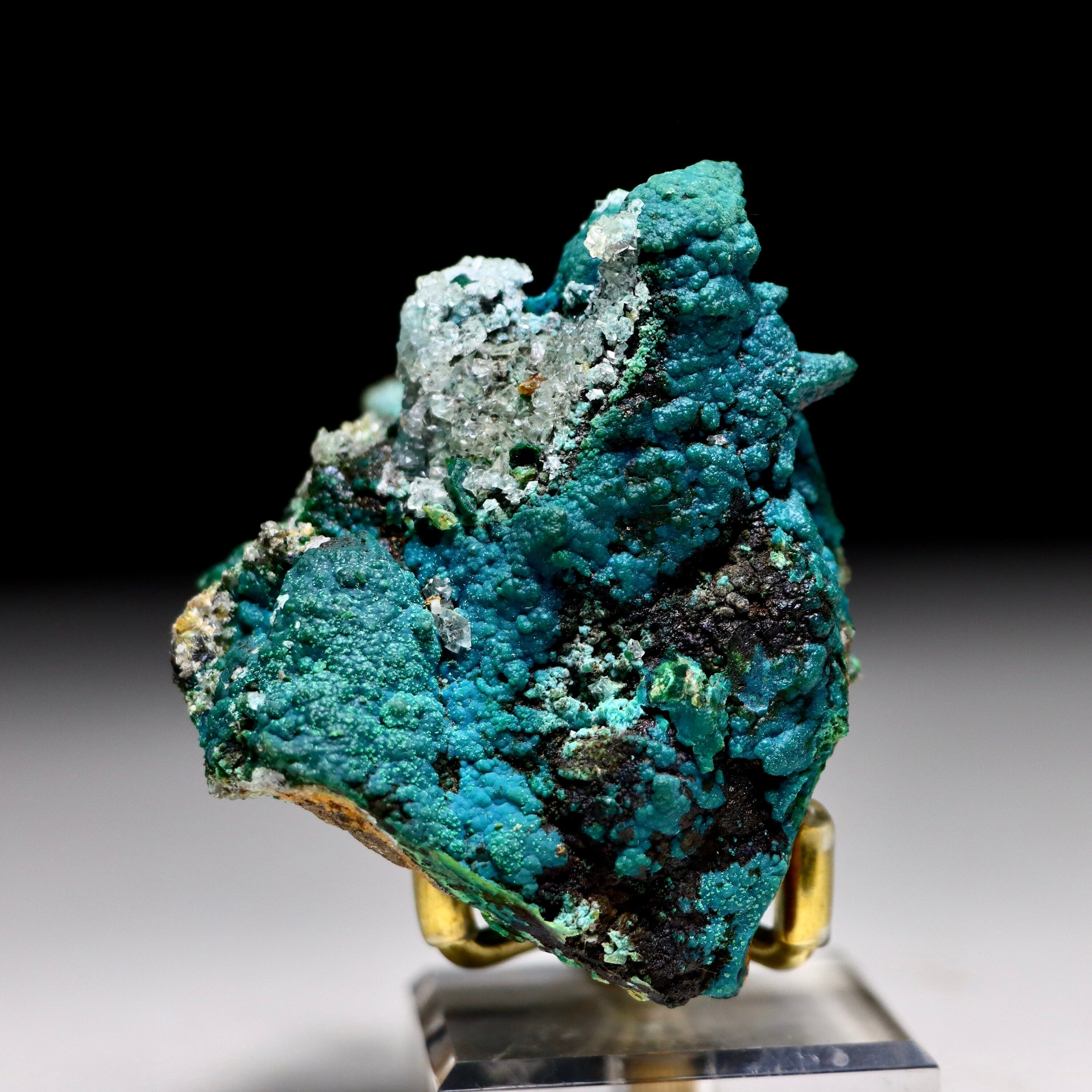 Chrysocolla after Calcite on Quartz with Malachite | Mineral Specimen