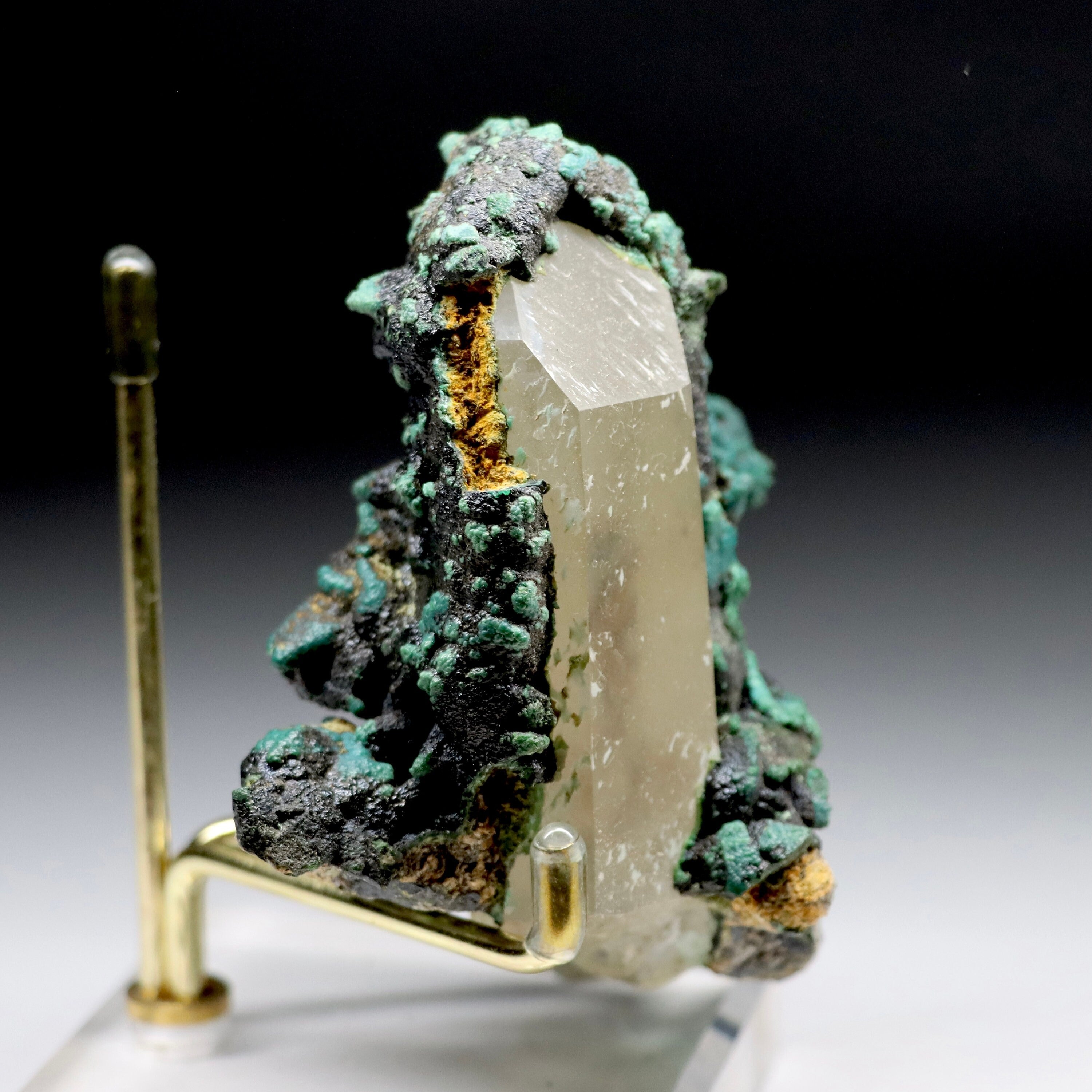 Chrysocolla After Calcite on Quartz with Malachite & Calcite | Natural Mineral Specimen from Tentadora Mine, Peru