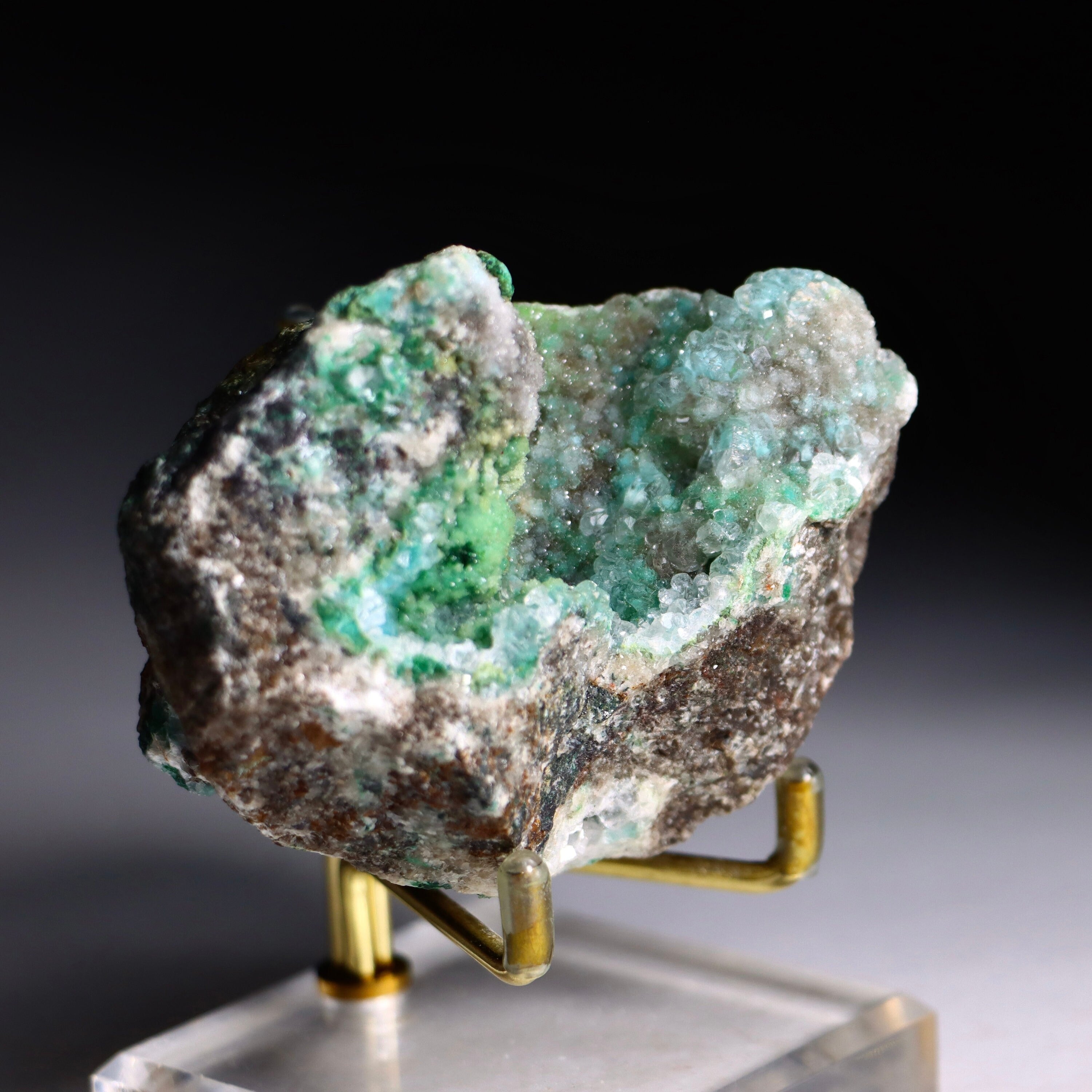 Malachite on Druzy Quartz on Chrysocolla | Fine Mineral Specimen
