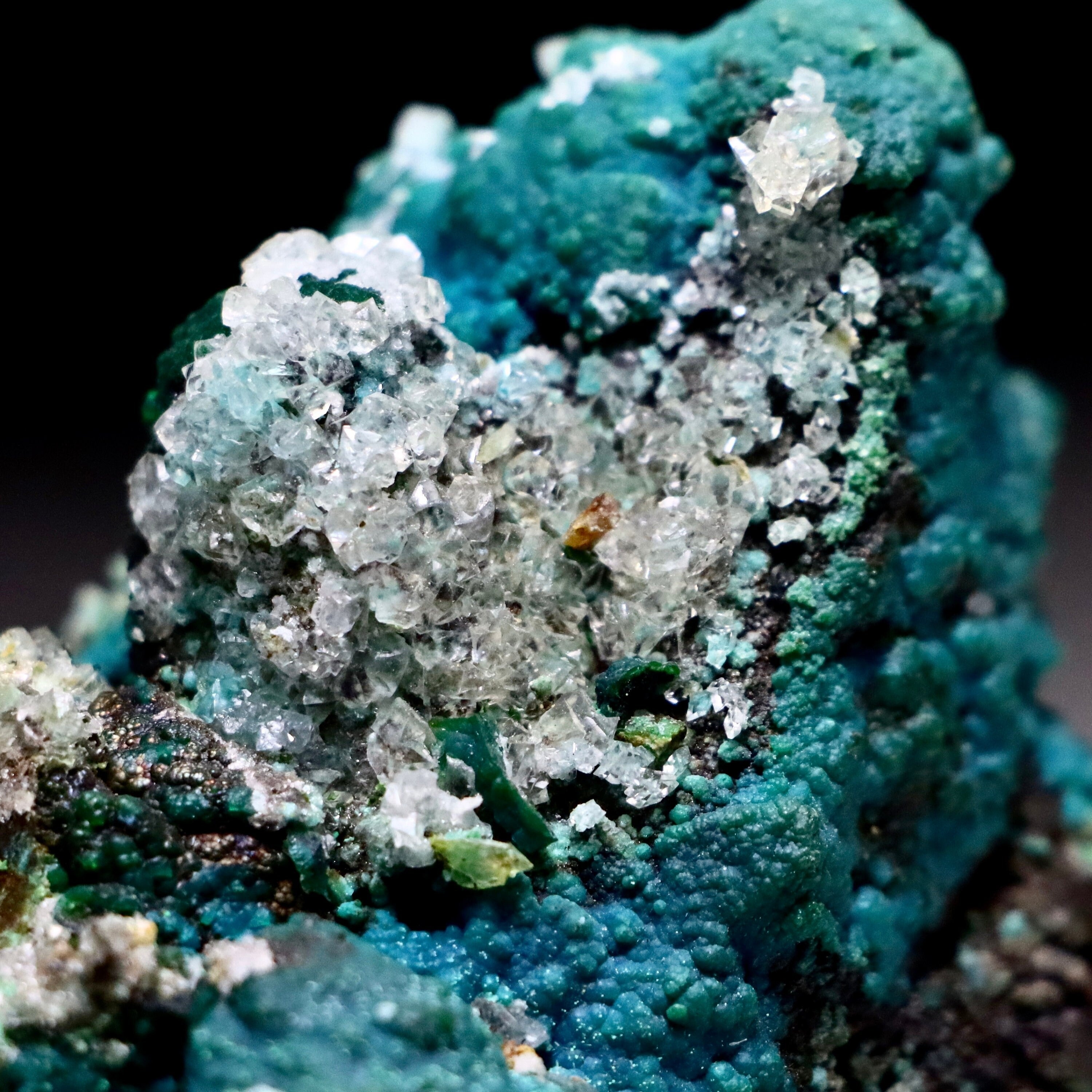 Chrysocolla after Calcite on Quartz with Malachite | Mineral Specimen