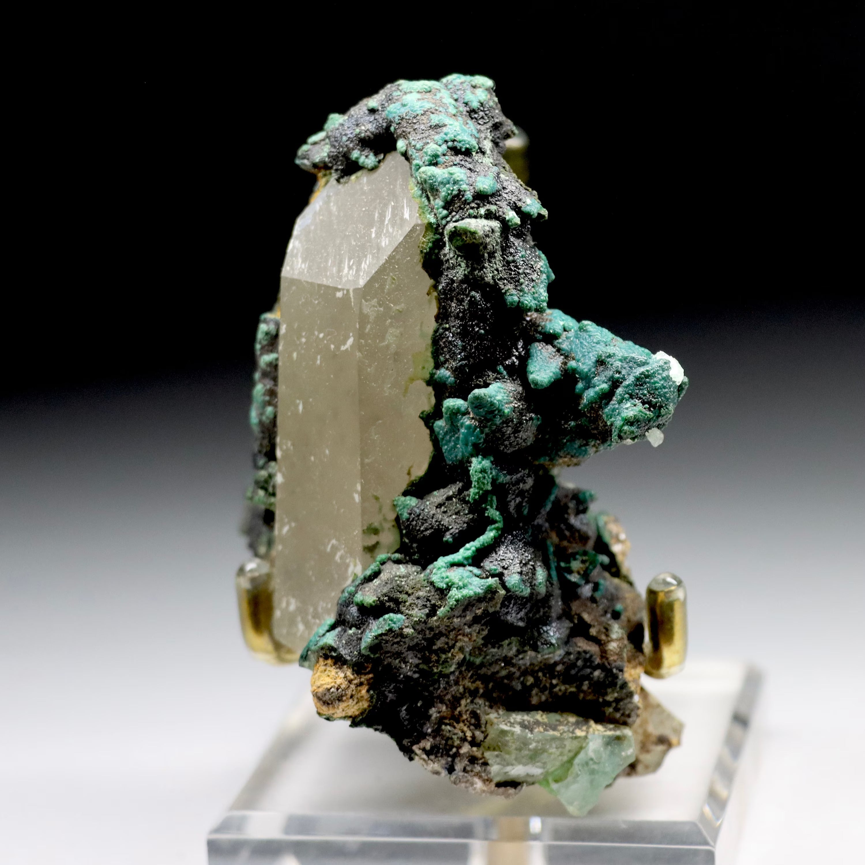 Chrysocolla After Calcite on Quartz with Malachite & Calcite | Natural Mineral Specimen from Tentadora Mine, Peru