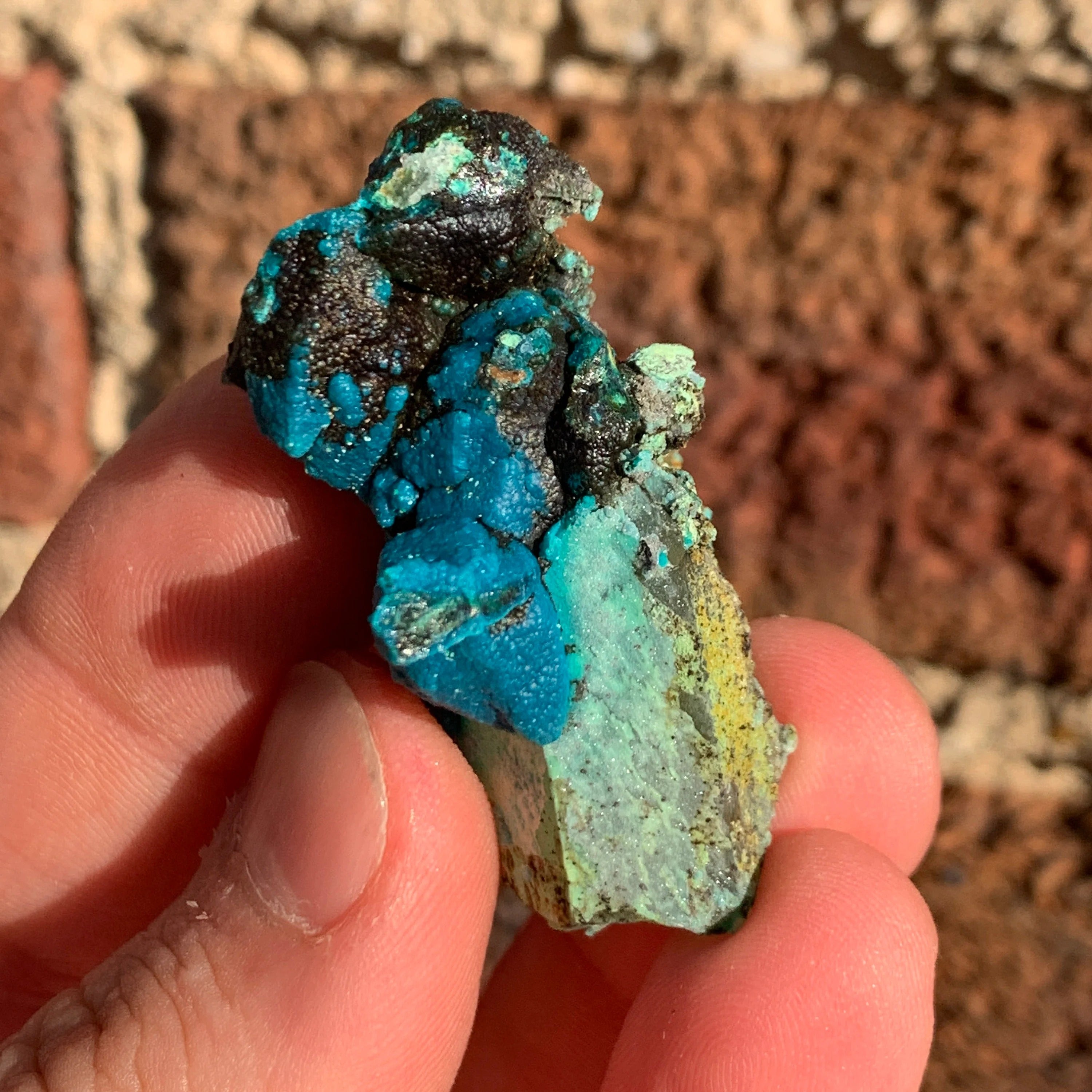Chrysocolla after Calcite on Quartz