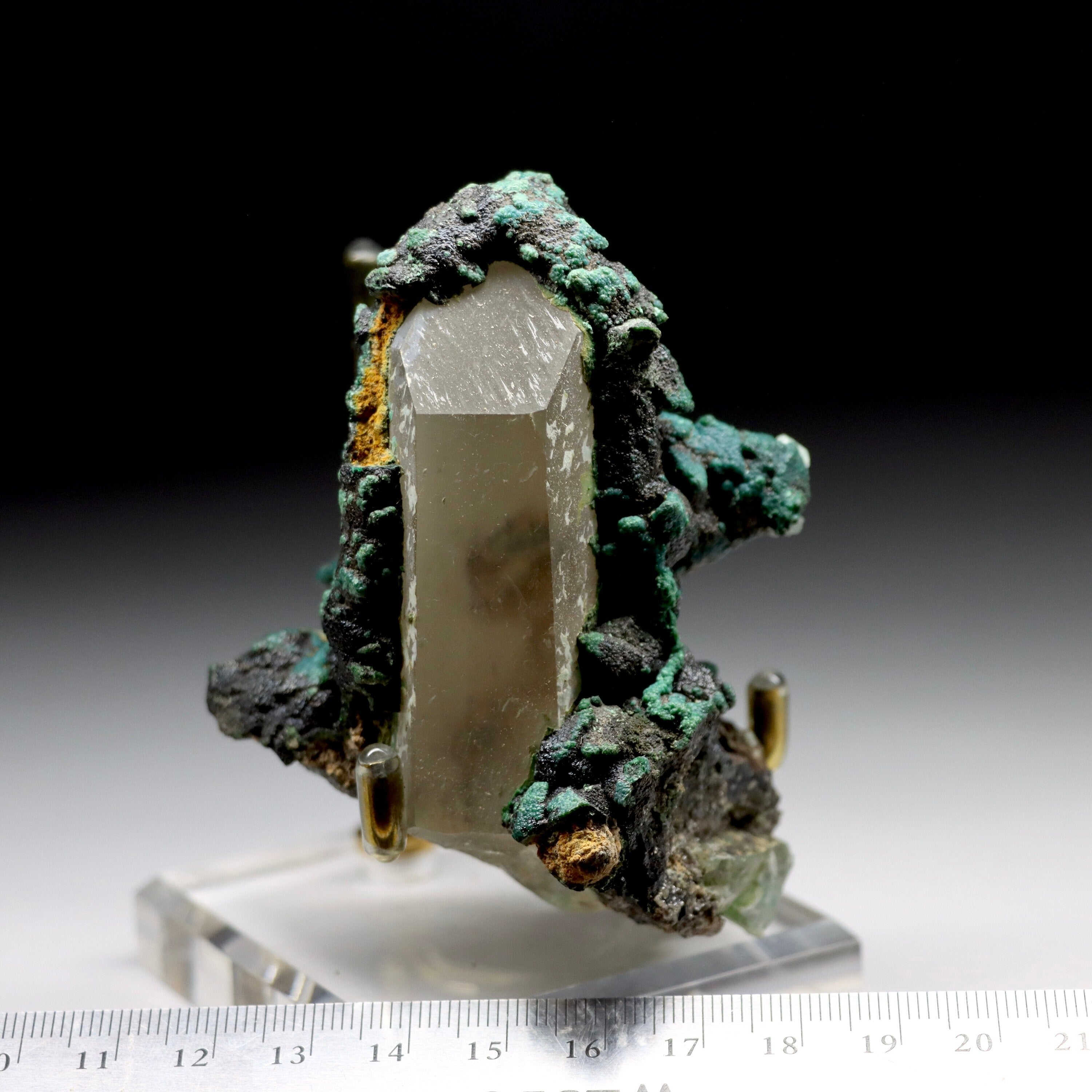 Chrysocolla After Calcite on Quartz with Malachite & Calcite | Natural Mineral Specimen from Tentadora Mine, Peru