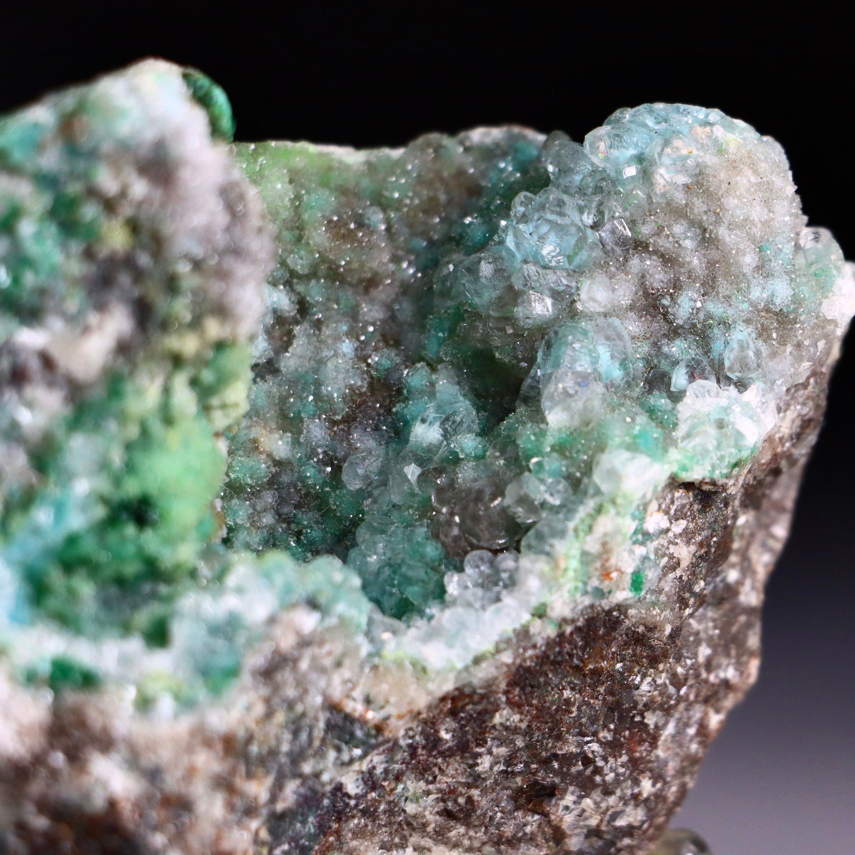 Malachite on Druzy Quartz on Chrysocolla | Fine Mineral Specimen
