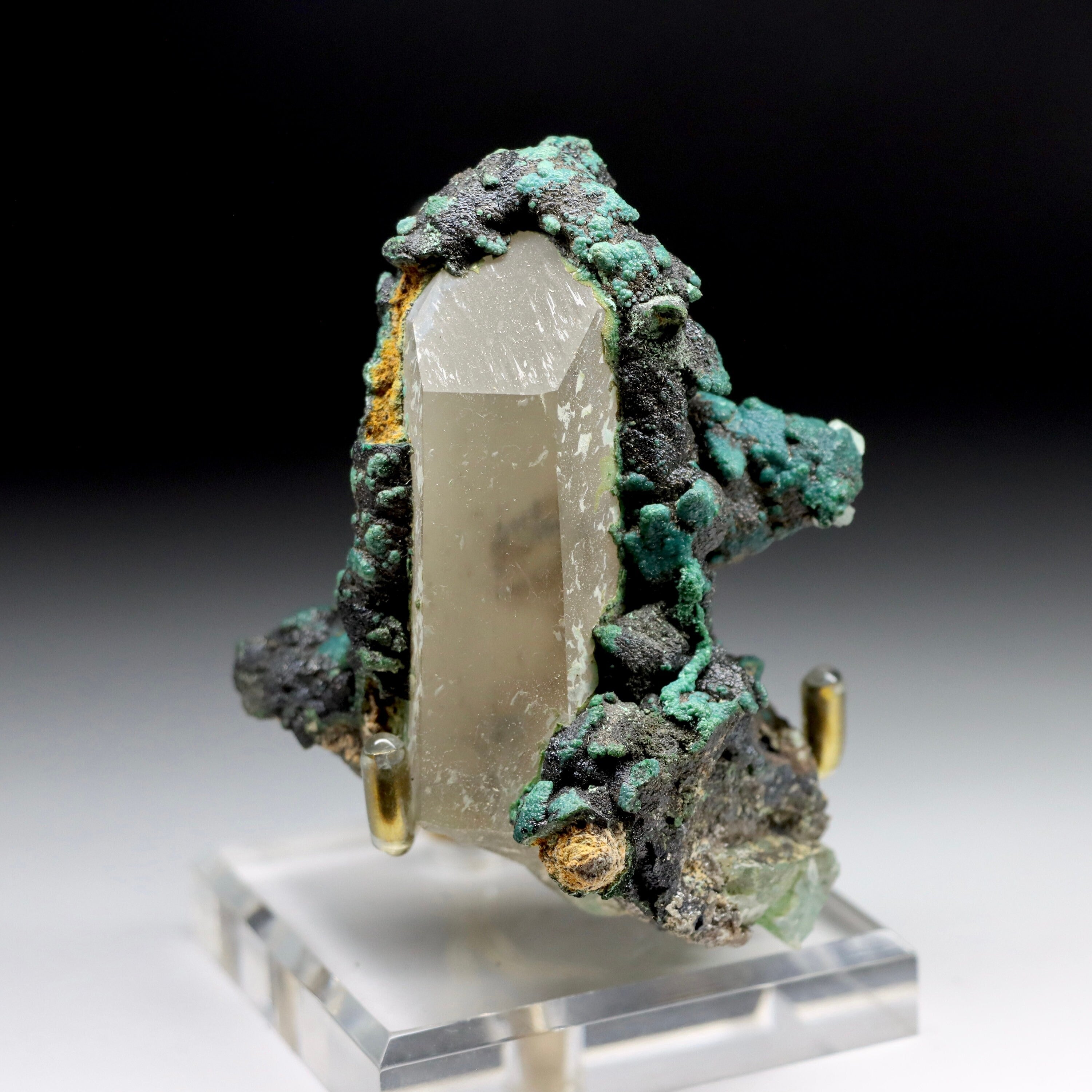 Chrysocolla After Calcite on Quartz with Malachite & Calcite | Natural Mineral Specimen from Tentadora Mine, Peru