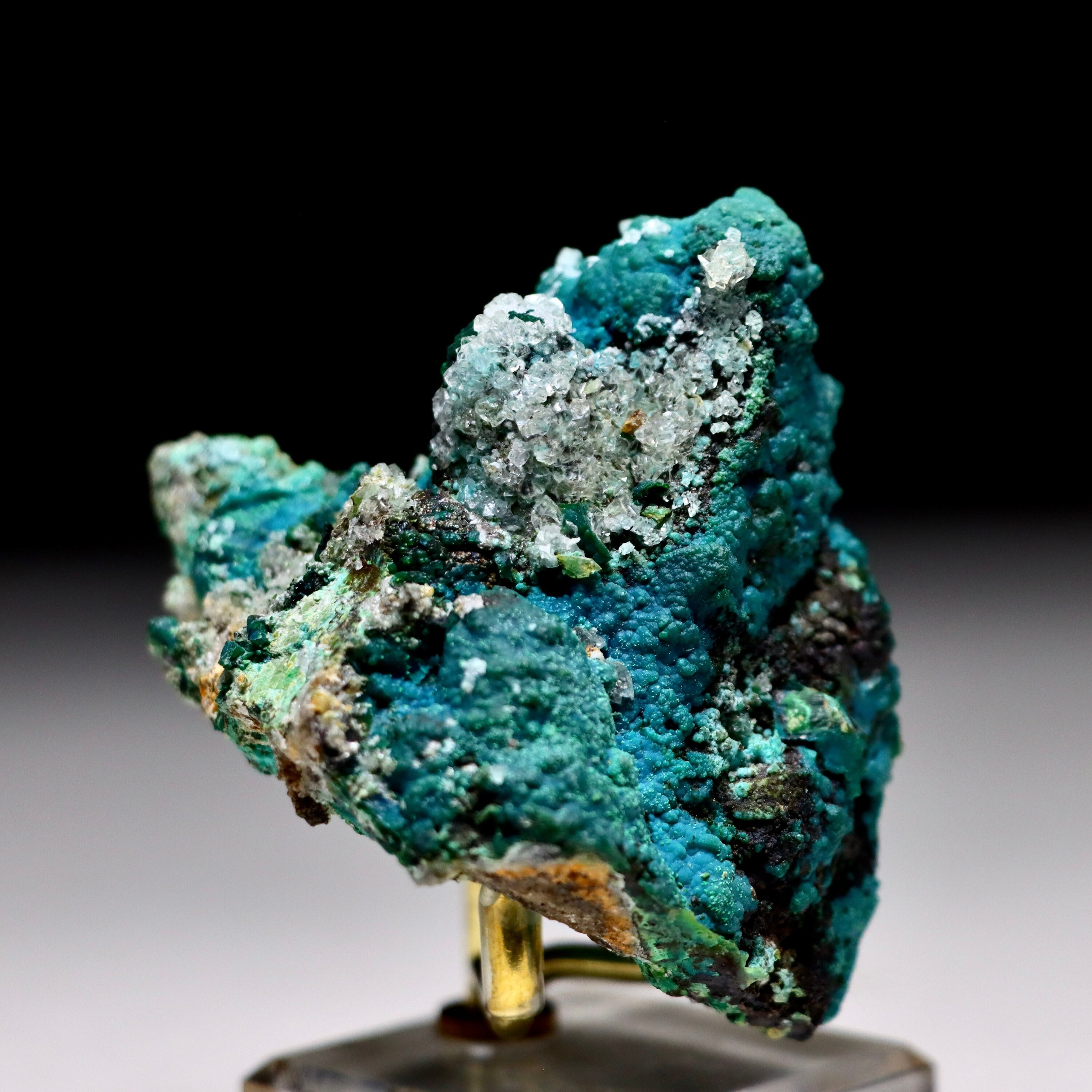 Chrysocolla after Calcite on Quartz with Malachite | Mineral Specimen